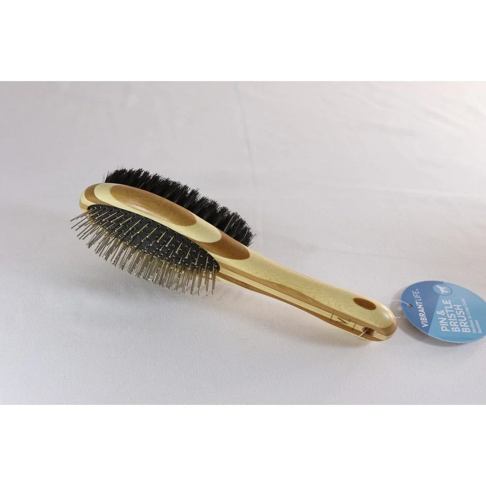 Vibrant Life Pin & Bristle Grooming Brush Bamboo Handle for Medium to Long Coats